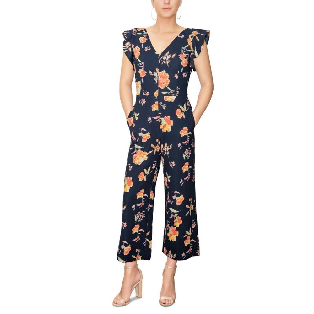 Rachel Roy Womens Size XS Floral Print Ruffled-Sleeve Cropped Jumpsuit Navy $129